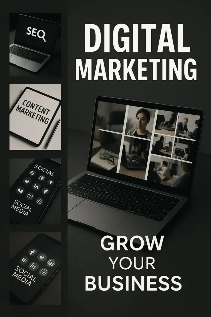 Best freelance digital marketer in wayanad A dark-themed digital marketing concept image featuring a laptop with video conference screens, and smaller images showing SEO, content marketing, and social media icons. Text on the image reads “DIGITAL MARKETING – GROW YOUR BUSINESS.”